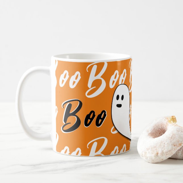 Ghost Halloween svartvit orange boo Kaffemugg (Med munk)
