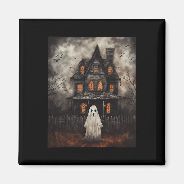 Ghost Haunted House Midnight Halloween Ghost Spook Magnet (Framsidan)