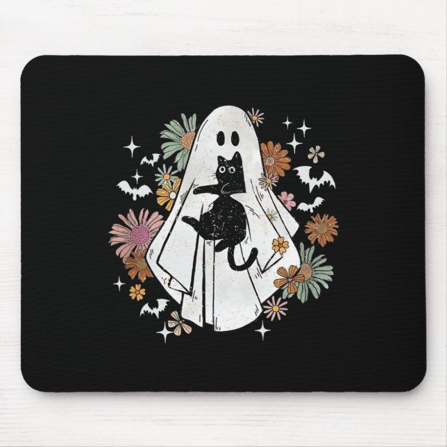 Ghost Holding Black Cat Groovy Blommigt Halloween  Musmatta (Framsidan)