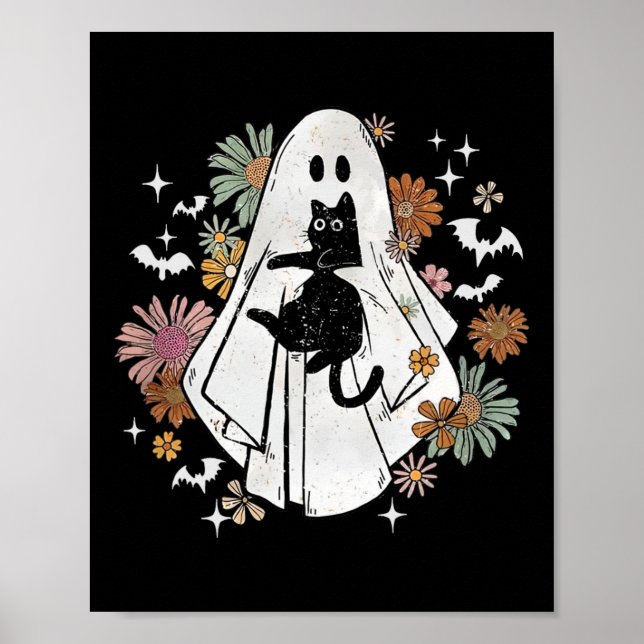Ghost Holding Black Cat Groovy Blommigt Halloween  Poster (Framsidan)