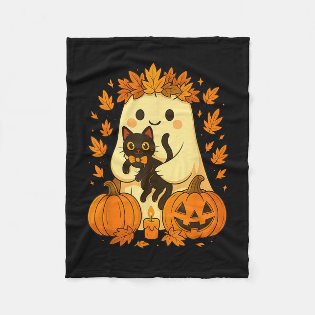 Ghost Holding Black Cat Halloween Pumpkins Autumn Fleecefilt (Framsidan)