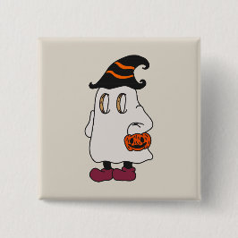 Ghost holding pumpkin and wearing witch hat knapp