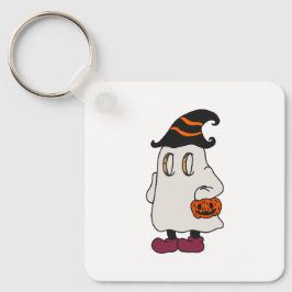 Ghost holding pumpkin and wearing witch hat nyckelring