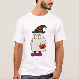 Ghost holding pumpkin and wearing witch hat t shirt