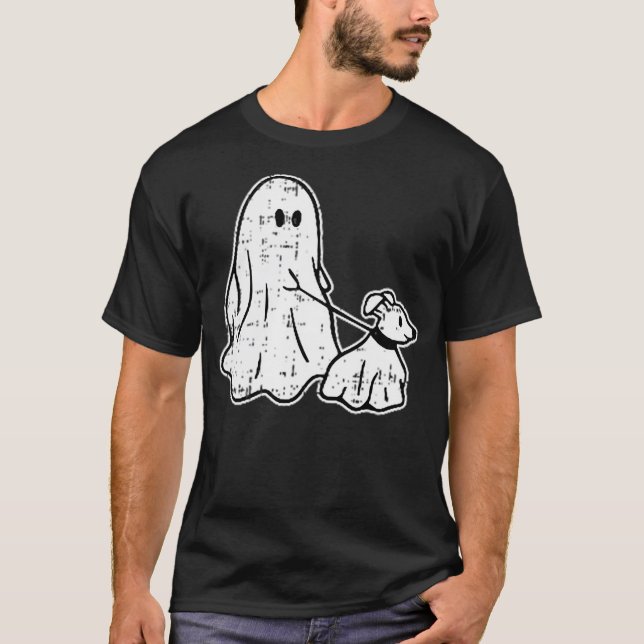 Ghost Holding Puppy Dog Halloween Costume Ghoul Do T Shirt (Framsida)