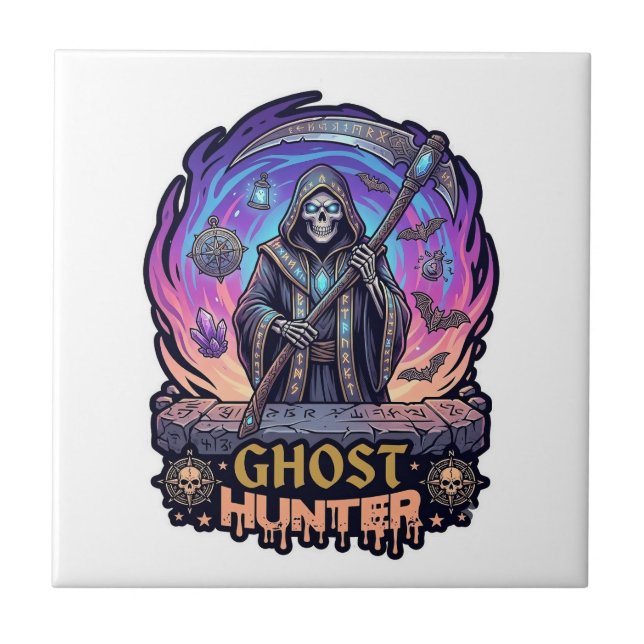 Ghost Hunter Grim Reaper Skelett Lie Sken Purple F Kakelplatta (Framsidan)