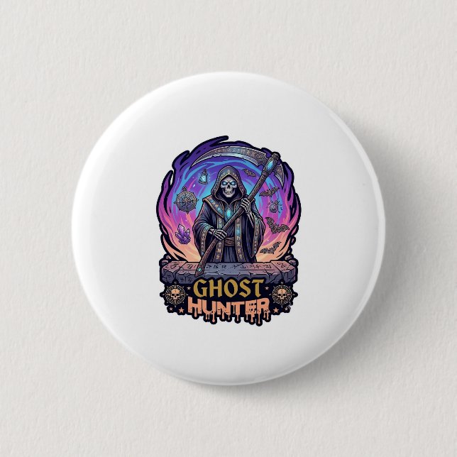 Ghost Hunter Grim Reaper Skelett Lie Sken Purple F Knapp (Framsida)