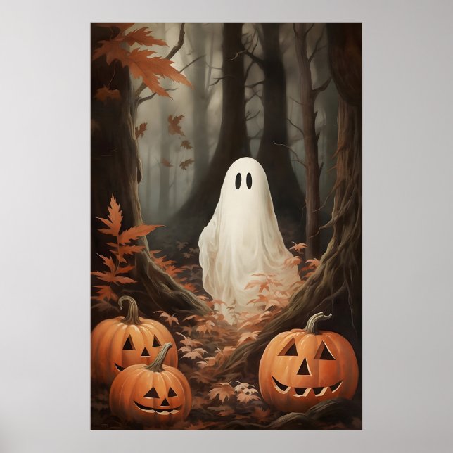 Ghost In Fall Woods With Pumpkins, Dark Academia Poster (Framsidan)