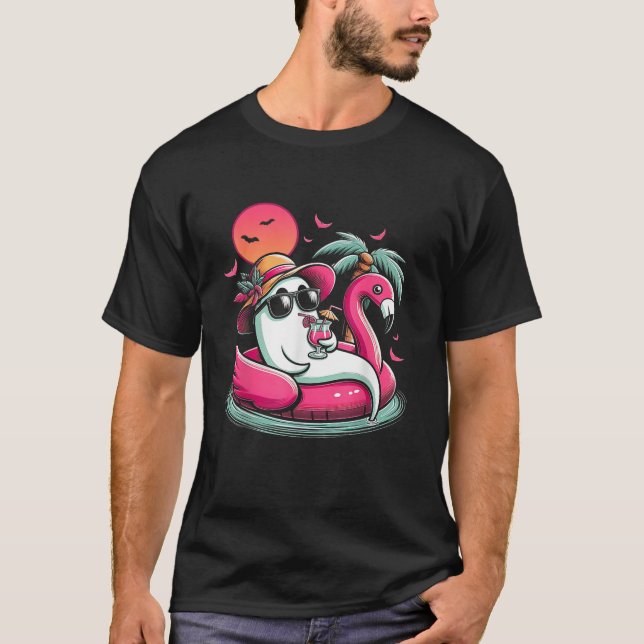Ghost In Lifebuoy Flamingo On A Pool Float Summer  T Shirt (Framsida)
