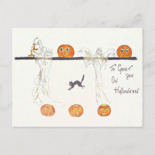 Ghost Jack o lantern Pumpkin Black Cat Vykort