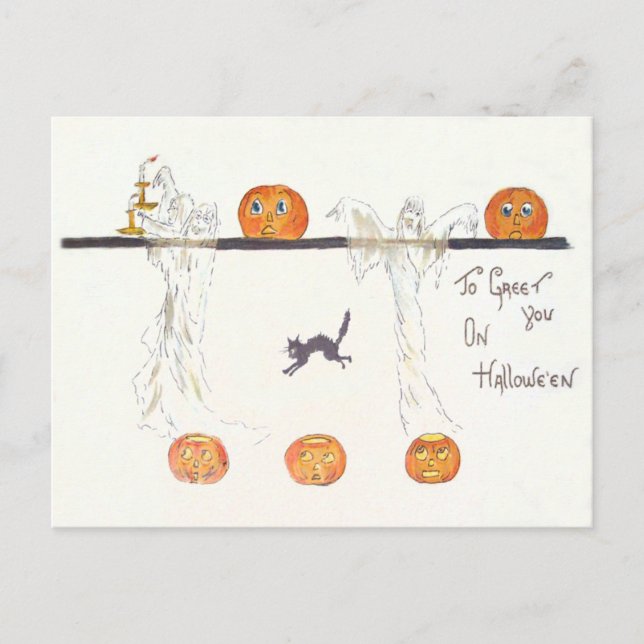 Ghost Jack o lantern Pumpkin Black Cat Vykort (Framsida)