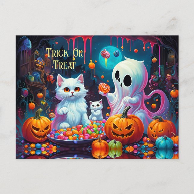 Ghost Kitten Pumpkin Candy Halloween Helg Vykort (Framsida)