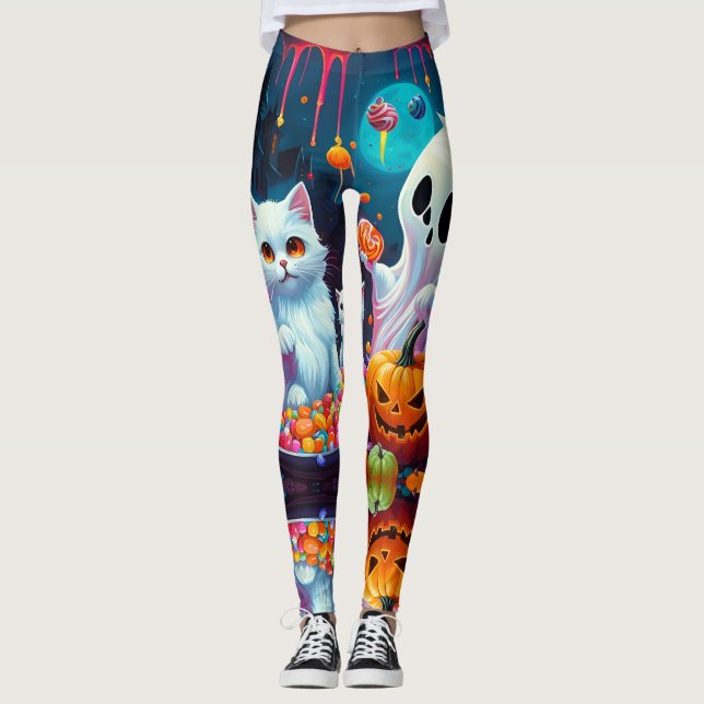 Ghost Kitten Pumpkin Candy Halloween Leggings (Framsida)