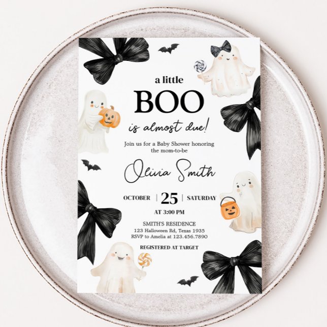 Ghost Little Boo Halloween Baby Shower Inbjudningar (Black Bow Little Boo Halloween Baby Shower Invitation)
