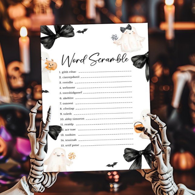 Ghost Little Boo Halloween Ordspråk Blanda Bokstäv (Black Bow Little Boo Halloween Baby Shower Word Scramble Game)