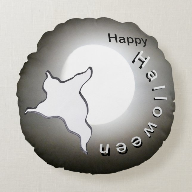 Ghost & Måne Cust. Rund Pillow happy halloween Kudde (Framsidan)