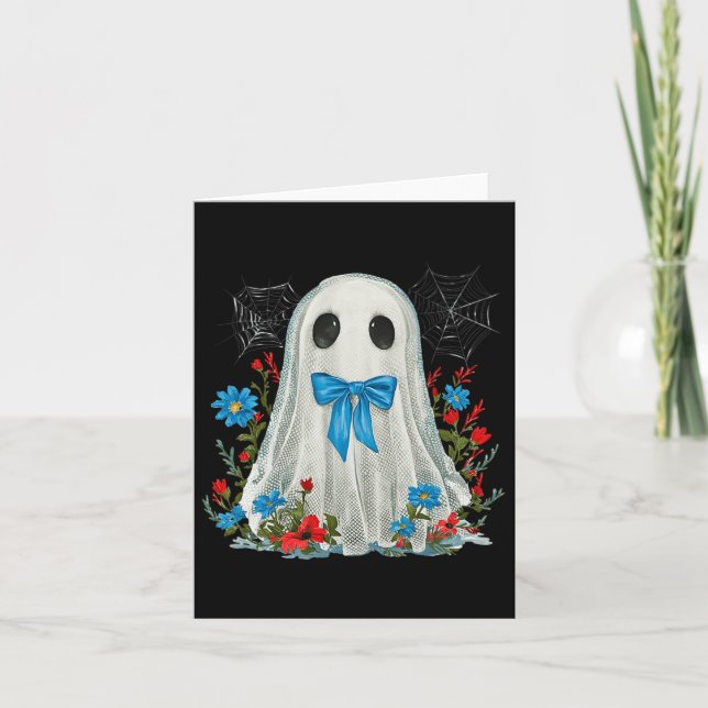 Ghost med blå kokvett och Flowers Halloween Kort (Framsida)