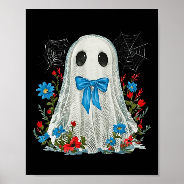 Ghost med blå kokvett och Flowers Halloween Poster (Framsidan)