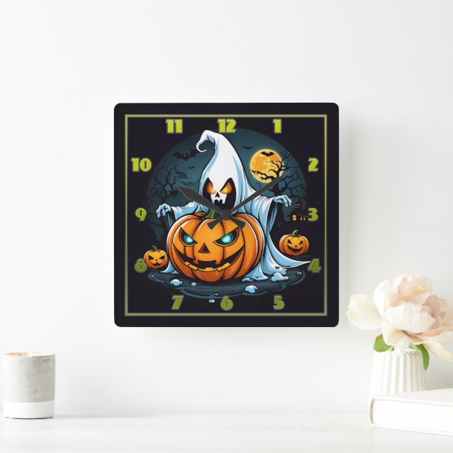 Ghost med glödande pumpor på Halloween Fyrkantig Klocka (Hem)