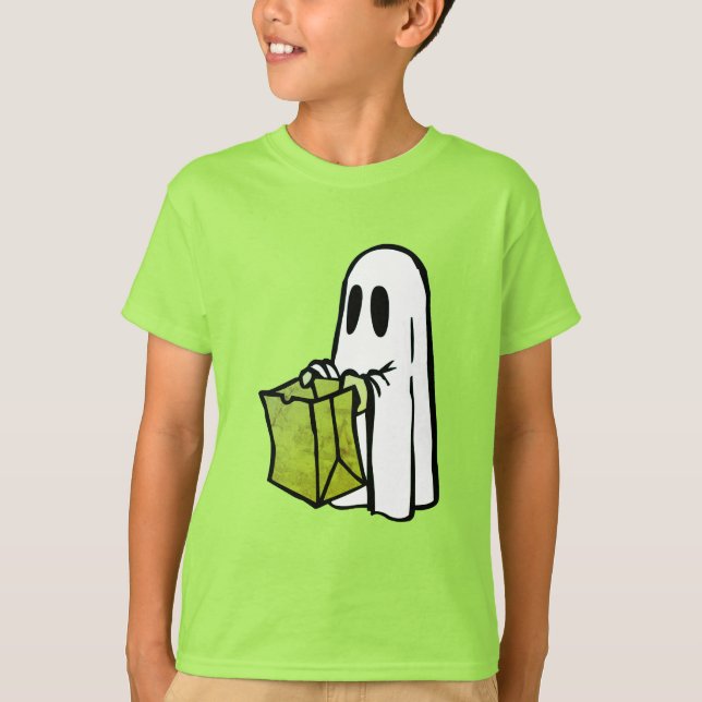 Ghost med Grönt Bag Trick eller Behandling T Shirt (Framsida)
