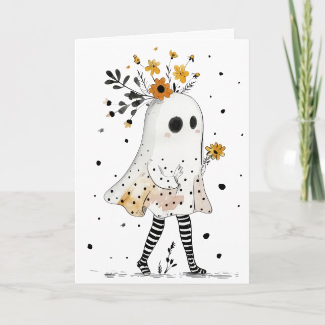 Ghost med solblommor Whimsical Happy halloween Kort (Framsida)