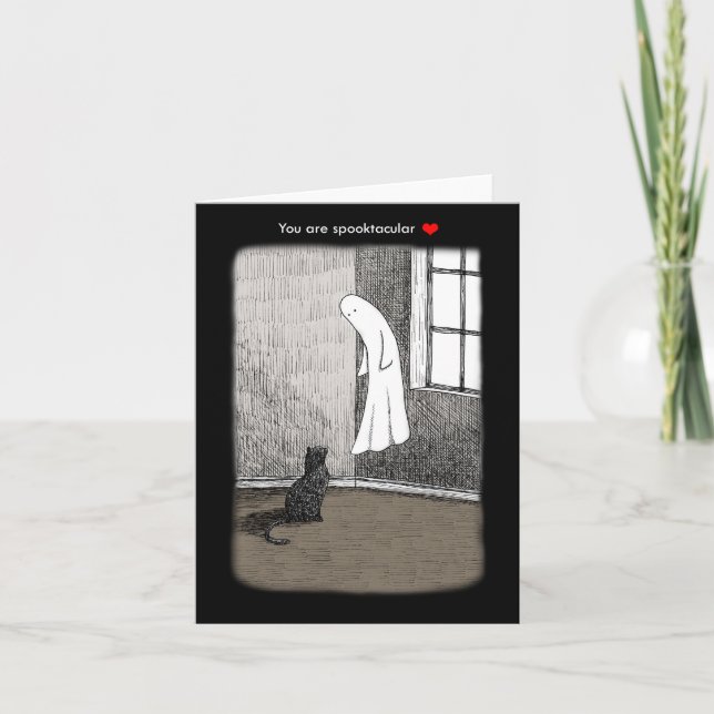 Ghost och Black cat creepy spooky Gothic Art Kärle Kort (Framsida)