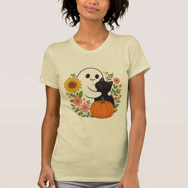 Ghost och Black Cat Fall Cute Halloween T Shirt (Framsida)