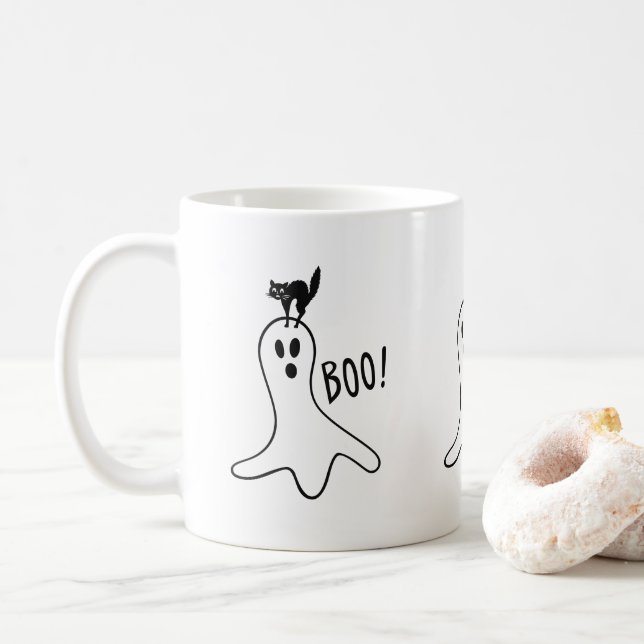 Ghost och Black Cat Halloween Spooky Cute Kaffemugg (Med munk)