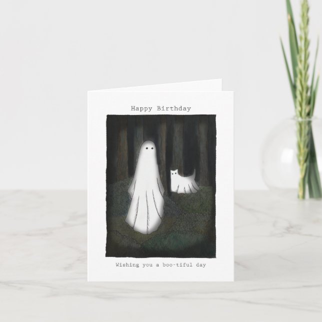 Ghost och Ghost cat Cute roligt Grattis på födelse Kort (Framsida)