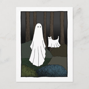 Ghost och Ghost Cat i skogen lustig, läskig söt Vykort