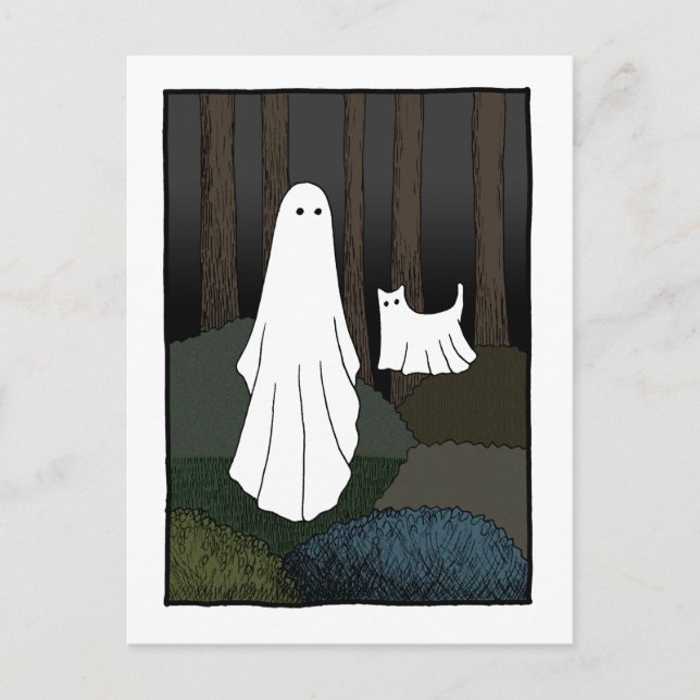 Ghost och Ghost Cat i skogen lustig, läskig söt Vykort (Framsida)