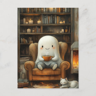Ghost och katt i Bibliotek med kaffe Vykort