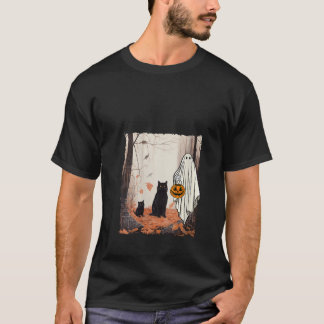 Ghost och katter i Forest Fall Autumn Halloween Co T Shirt