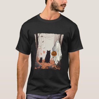 Ghost och katter i Forest Fall Autumn Halloween Co T Shirt