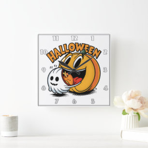 Ghost och pumkin firar Halloween! Fyrkantig Klocka