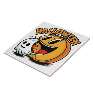 Ghost och pumkin firar Halloween! Kakelplatta