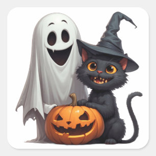 Ghost Och Svart Katt Halloweenfest 👻 Fyrkantigt Klistermärke