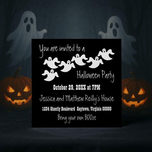 Ghost Party Halloween-inbjudan, svart Inbjudningar (Black Ghost Party Halloween Invitation)