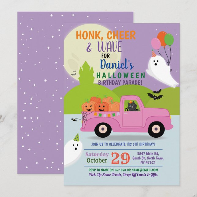 Ghost-Party-Parad-enhet efter Rosa Lastbil Inbjudningar (Fram/baksida)