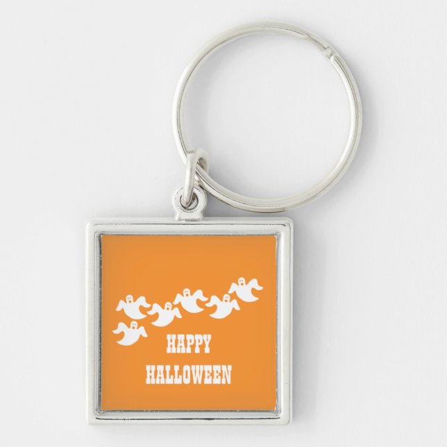Ghost Party Premium Keychain, Orange Fyrkantig Silverfärgad Nyckelring (Framsidan)