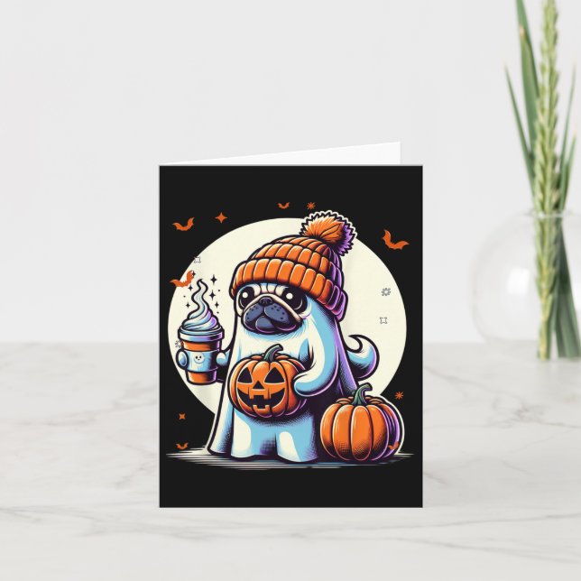 Ghost Pug Pumpkin Drinks Beanie Fall Halloween Kort (Framsida)
