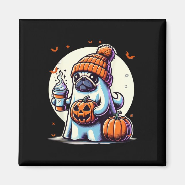 Ghost Pug Pumpkin Drinks Beanie Fall Halloween Magnet (Framsidan)