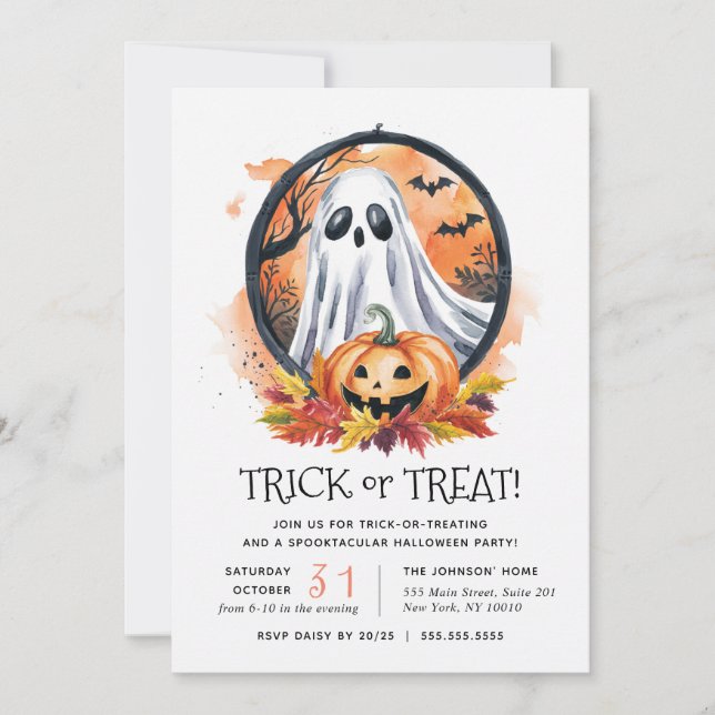 Ghost Pumpkin Bus eller godis Halloween fest Inbjudningar (Framsida)