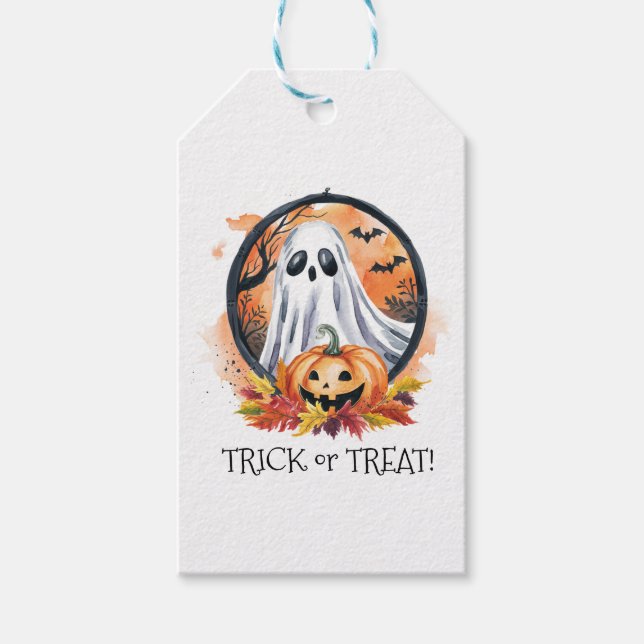 Ghost Pumpkin Bus eller godis Halloween fest Presentetikett (Framsidan)