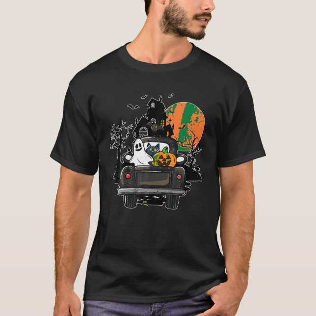 Ghost Pumpkin Cat Riding Lastbil Halloween Spooky  T Shirt (Framsida)
