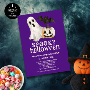 Ghost Pumpkin Fladdermus Spooky Halloween Lila Inbjudningar