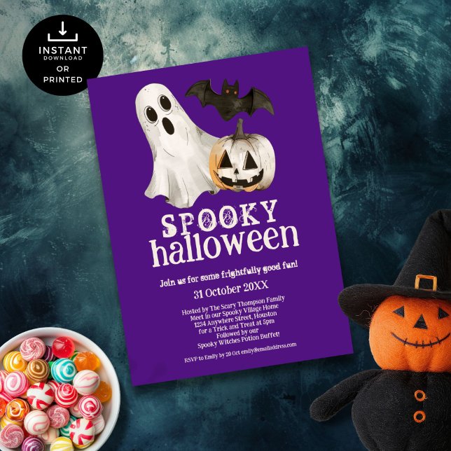 Ghost Pumpkin Fladdermus Spooky Halloween Lila Inbjudningar (Skapare uppladdad)