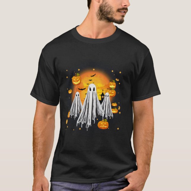 Ghost Pumpkin Night Halloween Pumpkin Långärmad T Shirt (Framsida)