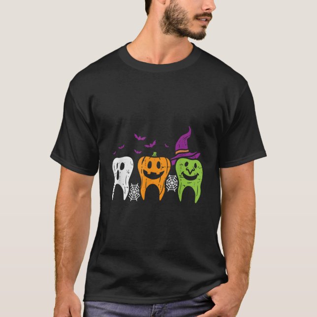 Ghost Pumpkin Witch Dental Halloween Dentist T Shirt (Framsida)
