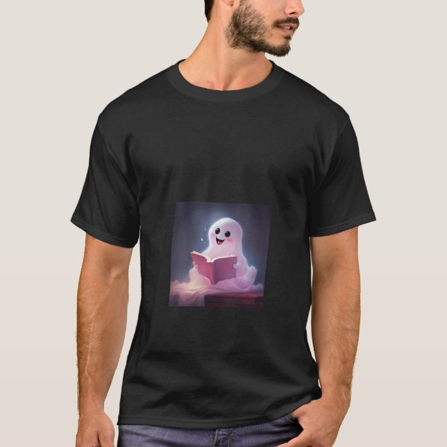 Ghost Reading Bok Älskare Bibliotek V Nacke T Shirt (Framsida)